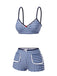 Blue 1930s Rose Gingham Plaid Straps Swimsuit