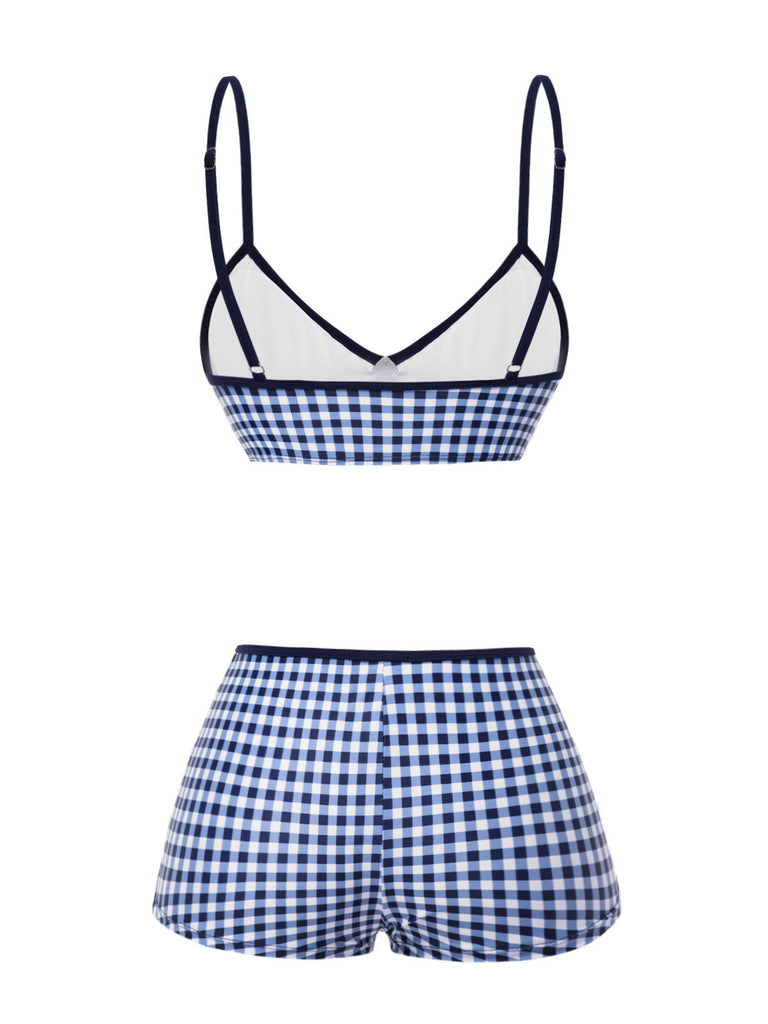 Blue 1930s Rose Gingham Plaid Straps Swimsuit