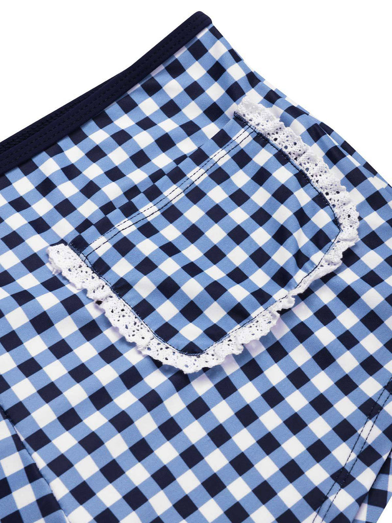 Blue 1930s Rose Gingham Plaid Straps Swimsuit