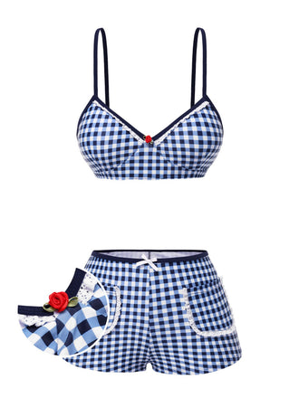 Blue 1930s Rose Gingham Plaid Straps Swimsuit