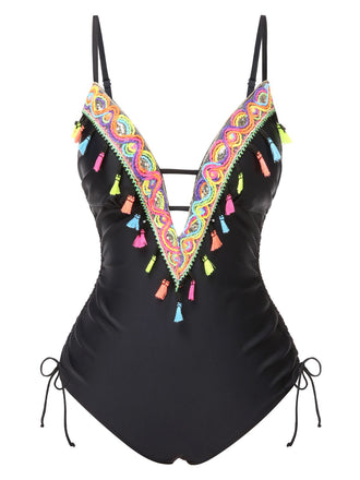 Black 1970s Tassel Embroidered Strappy Swimsuit