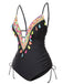 Black 1970s Tassel Embroidered Strappy Swimsuit