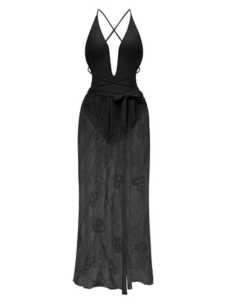 2PCS 1940s Deep-V One-Piece Swimsuit & Lace Cover-Up