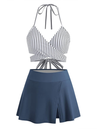 1940s Vertical Stripes Lace-Up Bikini Set