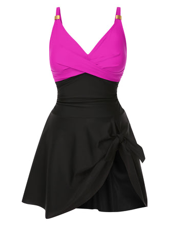 1940s Solid Ruffle Patchwork Twist Swimdress