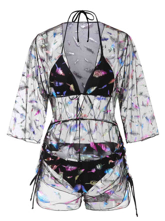 2PCS Black 1940s Lace-Up Feather Print Bikini Set & Cover-Up