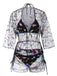 2PCS Black 1940s Lace-Up Feather Print Bikini Set & Cover-Up