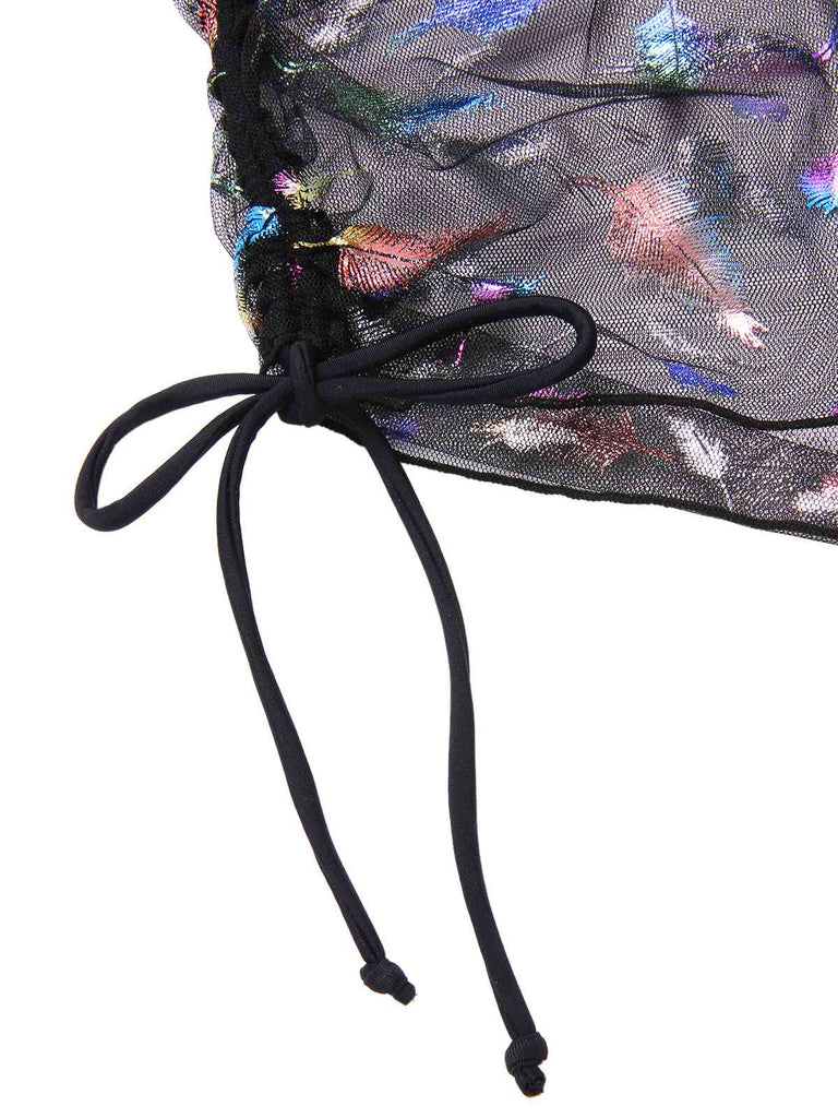 2PCS Black 1940s Lace-Up Feather Print Bikini Set & Cover-Up