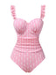 Pink 1950s Geometric Ruffled One-Piece Swimsuit