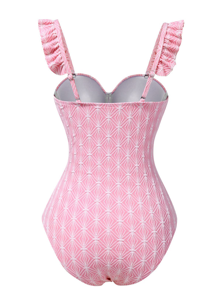 Pink 1950s Geometric Ruffled One-Piece Swimsuit
