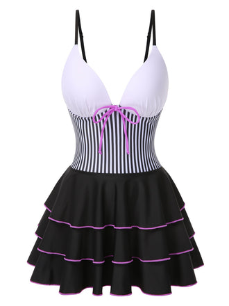 1940s Stripe Patchwork Layered Hem Swim Dress