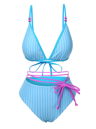 Sky Blue 1960s Striped Lace-Up Bow Bikini Set