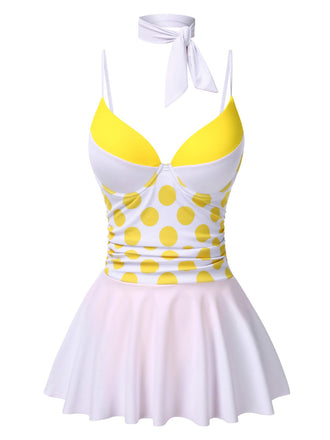 Yellow 1940s Polka Dot Bow Patchwork One-Piece Swimsuit
