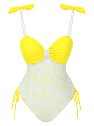 Yellow 1950s Bow Geometric Suspenders Swimsuit