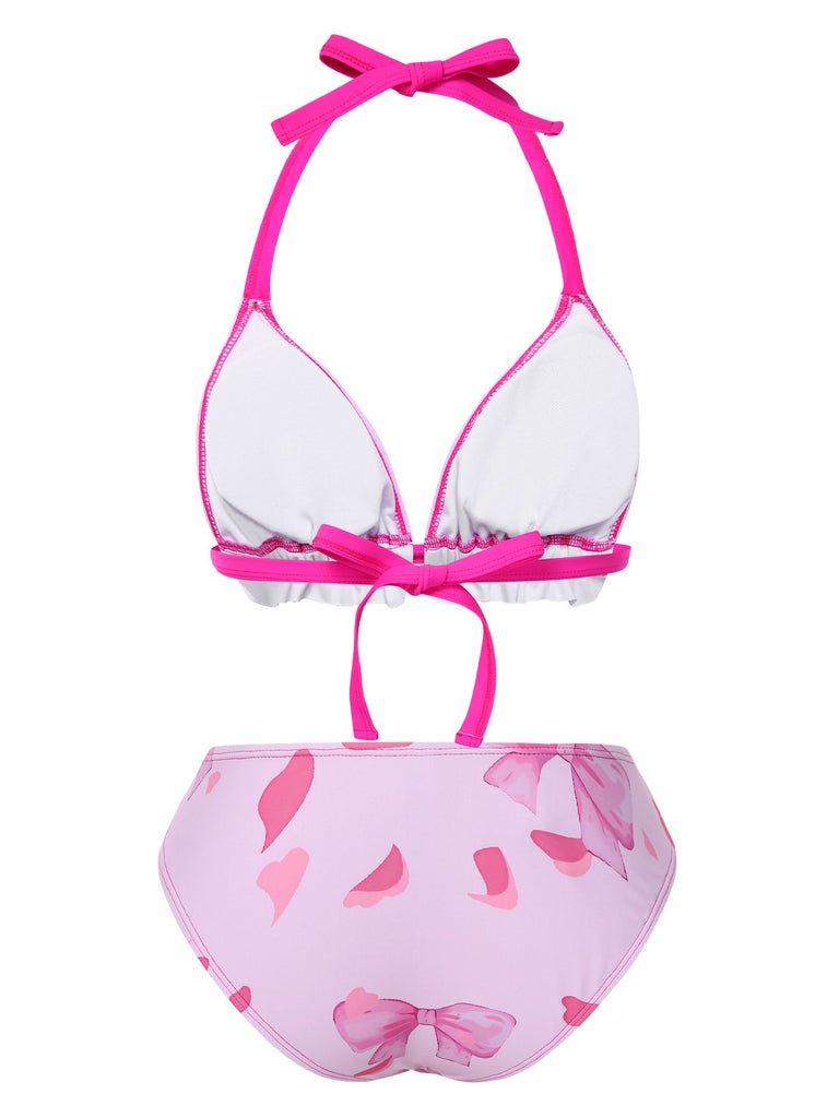 Pink 1950s Bowknot Print Halter Bikini Set