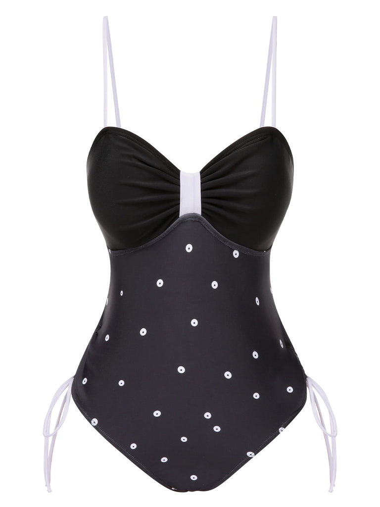 Black 1950s Bowknot Polka Dots Swimsuit