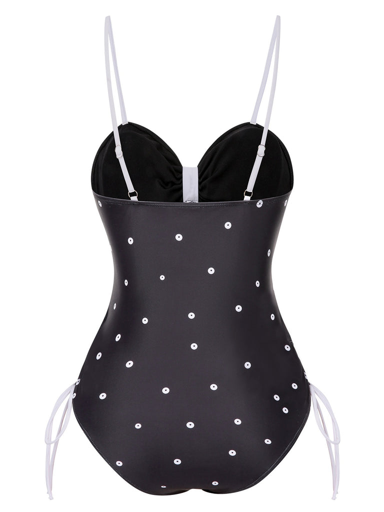 Black 1950s Bowknot Polka Dots Swimsuit