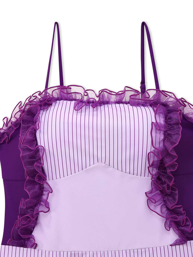 Lavender 1950s Stripe Mesh Ruffle One-Piece Swimsuit