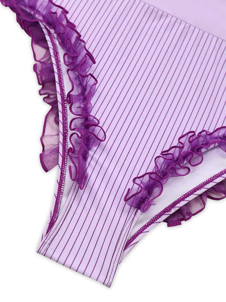 Lavender 1950s Stripe Mesh Ruffle One-Piece Swimsuit