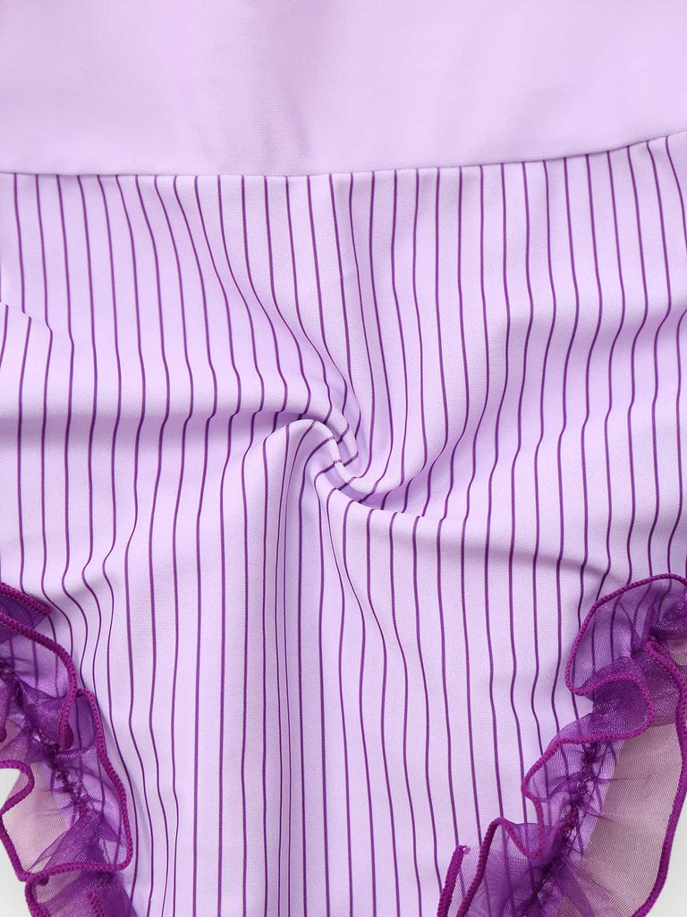Lavender 1950s Stripe Mesh Ruffle One-Piece Swimsuit