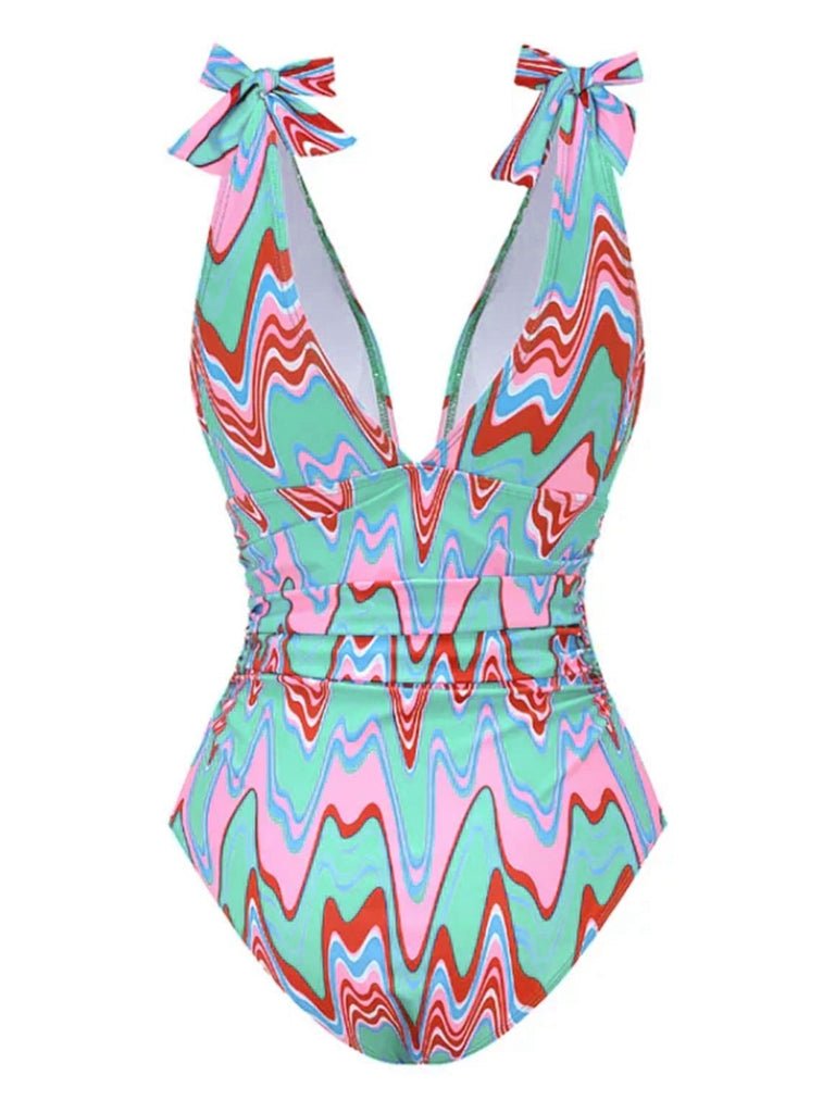 1970s Psychedelic Chevron Deep V-Neck Swimsuit