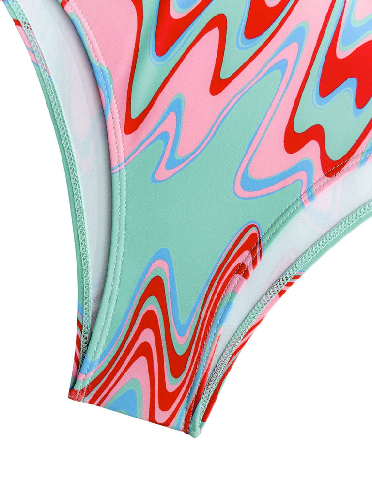 1970s Psychedelic Chevron Deep V-Neck Swimsuit