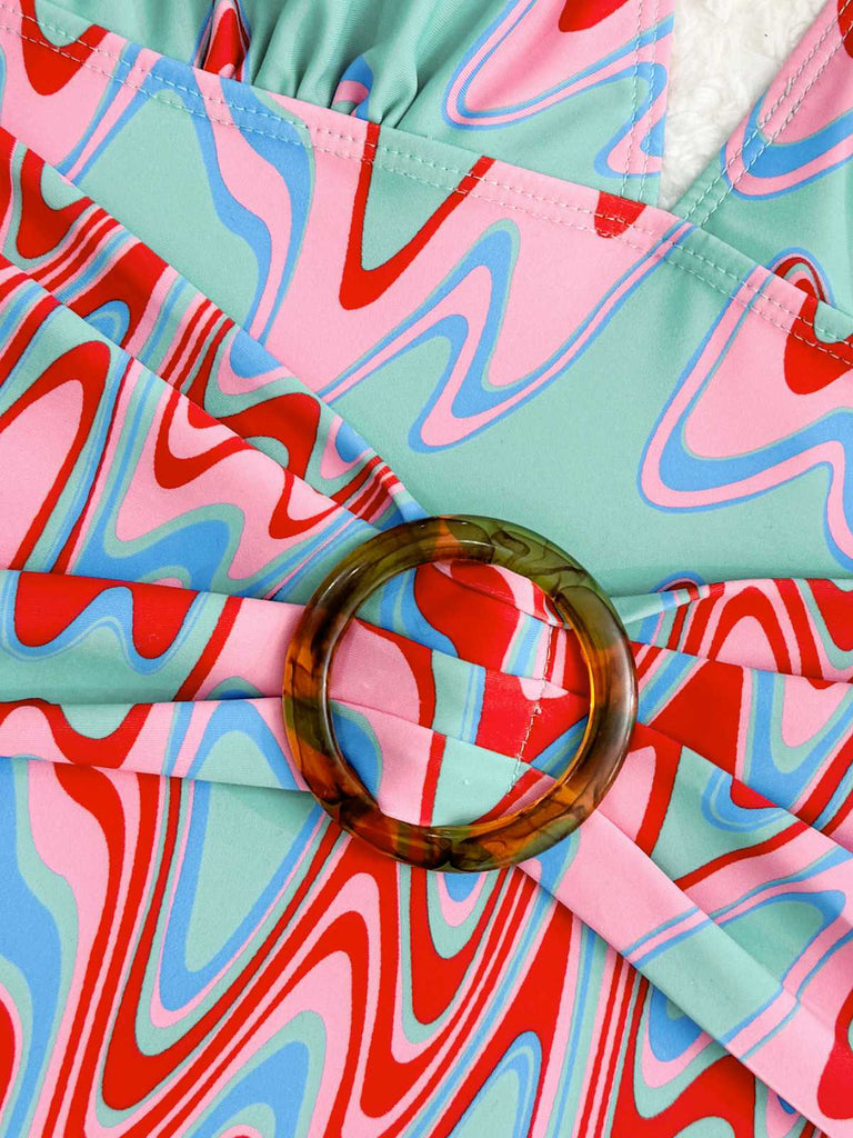 1970s Psychedelic Chevron Deep V-Neck Swimsuit