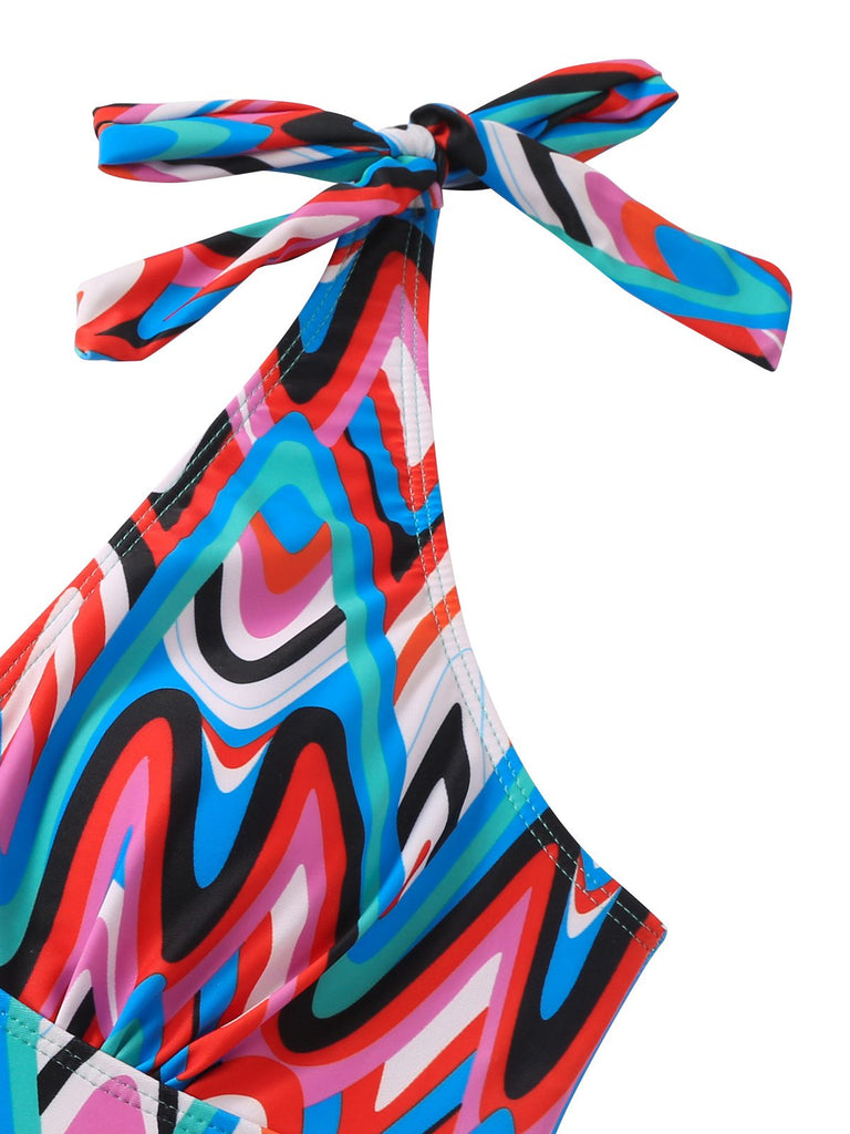 1970s Psychedelic Chevron Deep V-Neck Swimsuit