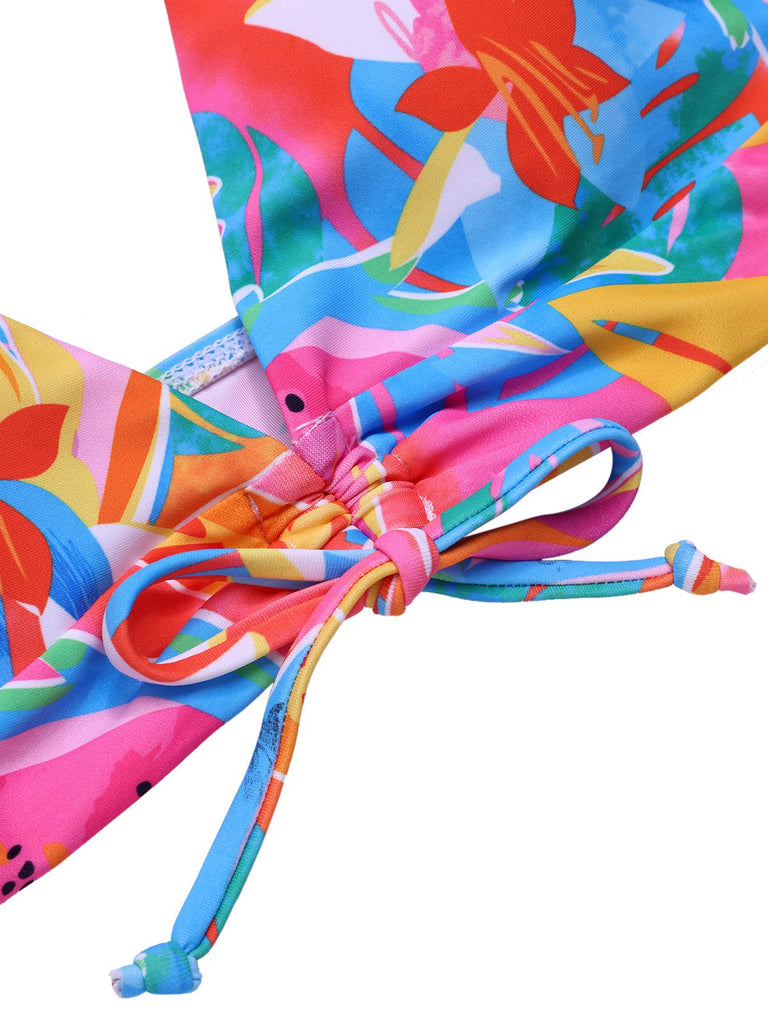 Multicolor 1960s Fruit Print Straps Bikini Set