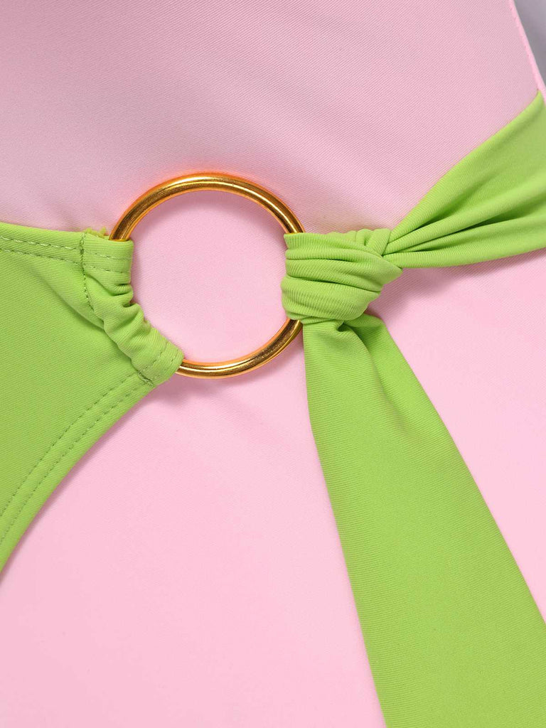 1980s Contrast Cross Strap Ring-Tie One-Piece Swimsuit