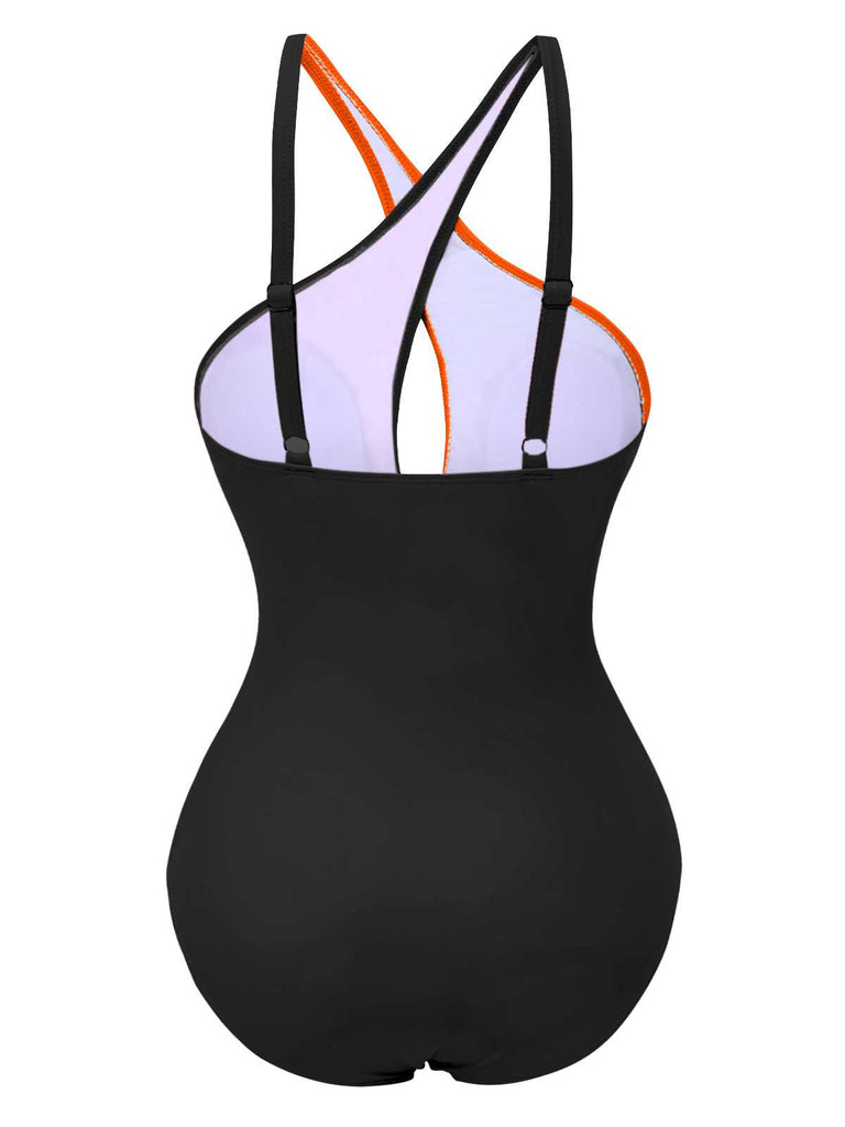 1980s Contrast Cross Strap Ring-Tie One-Piece Swimsuit