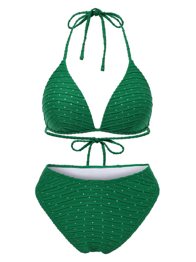 1940s Halter Textured Solid Bikini Set & Cover-Up