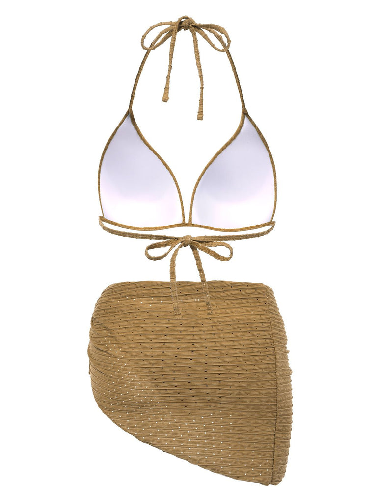 1940s Halter Textured Solid Bikini Set & Cover-Up