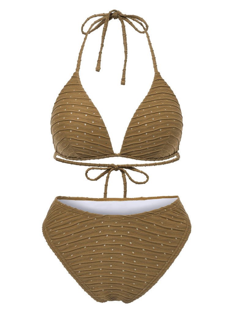 1940s Halter Textured Solid Bikini Set & Cover-Up