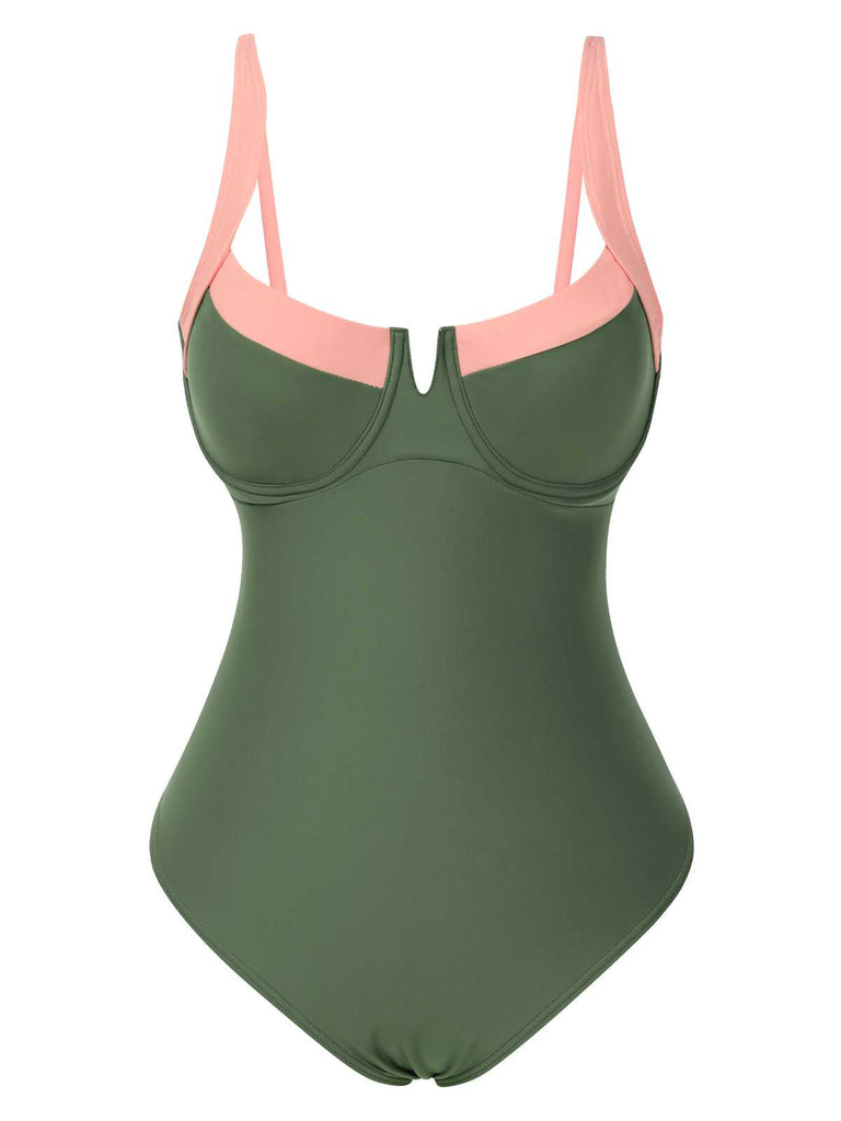1980s Colorblock Strap High-Leg One-Piece Swimsuit