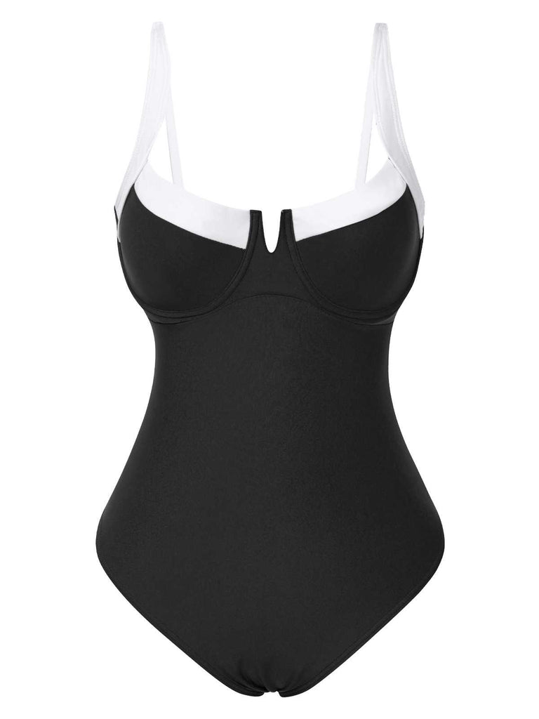1980s Colorblock Strap High-Leg One-Piece Swimsuit
