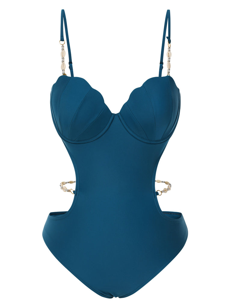 Teal 1960s Seashell Spaghetti Strap Cut-Out Swimsuit