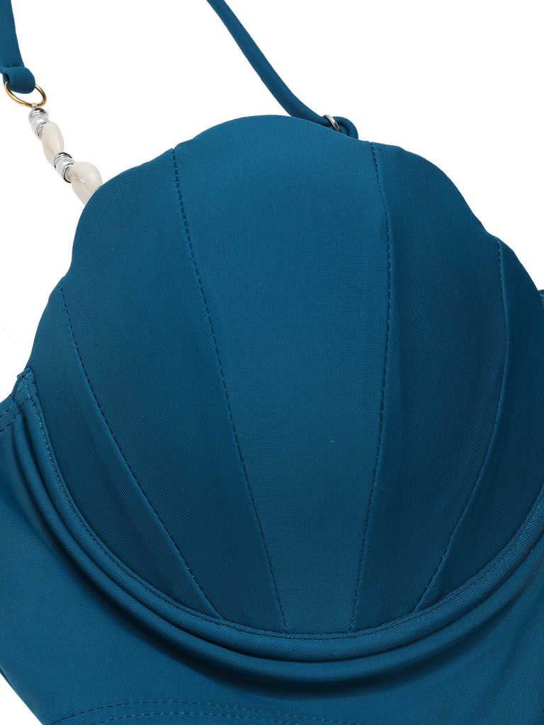 Teal 1960s Seashell Spaghetti Strap Cut-Out Swimsuit