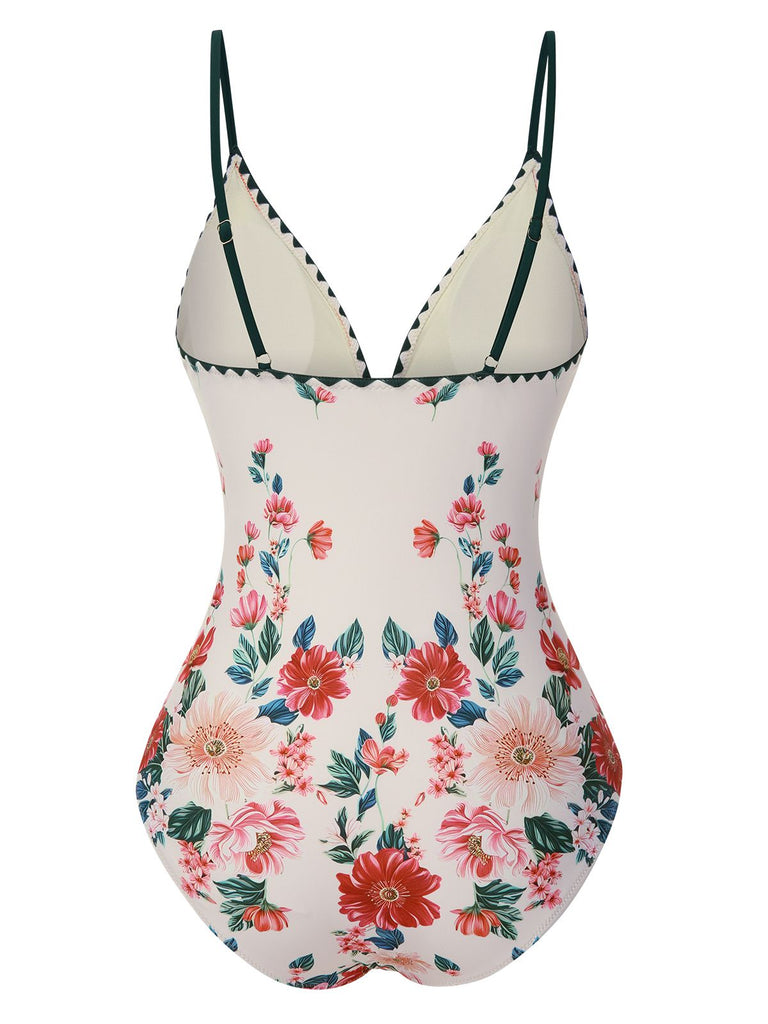 1950s Floral Print Spaghetti Strap One-Piece Swimsuit