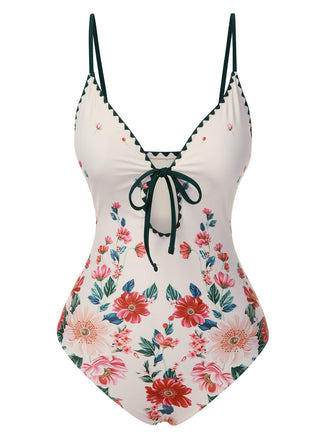 1950s Floral Print Spaghetti Strap One-Piece Swimsuit