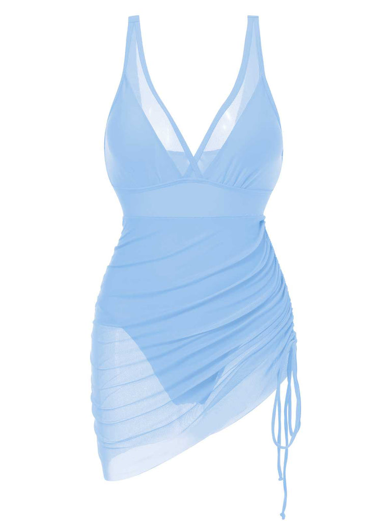 1950s Strap Sheer Mesh Solid One-Piece Swimsuit