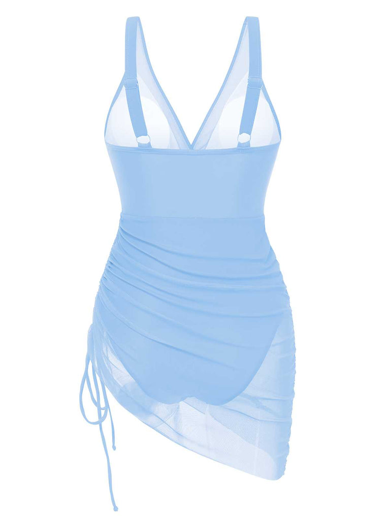 1950s Strap Sheer Mesh Solid One-Piece Swimsuit