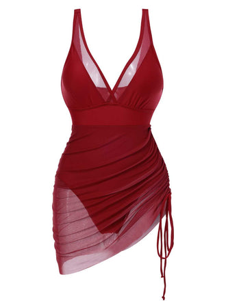 1950s Strap Sheer Mesh Solid One-Piece Swimsuit