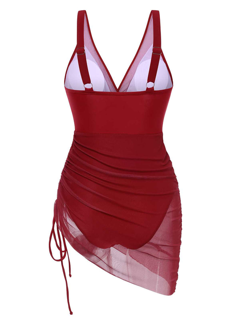 1950s Strap Sheer Mesh Solid One-Piece Swimsuit