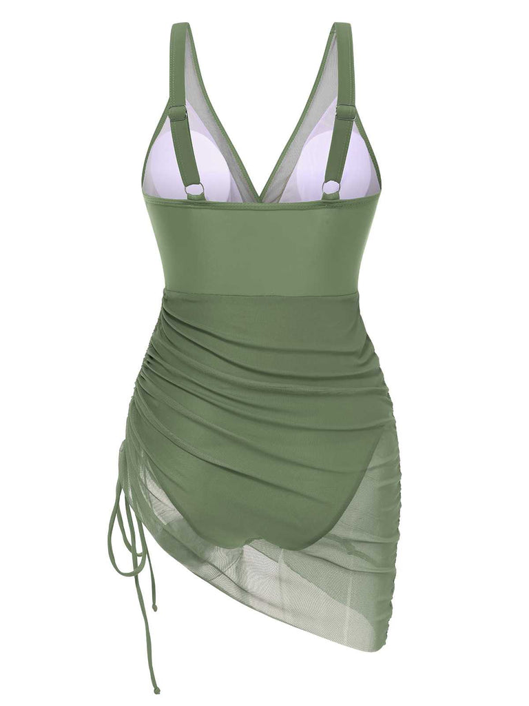1950s Strap Sheer Mesh Solid One-Piece Swimsuit