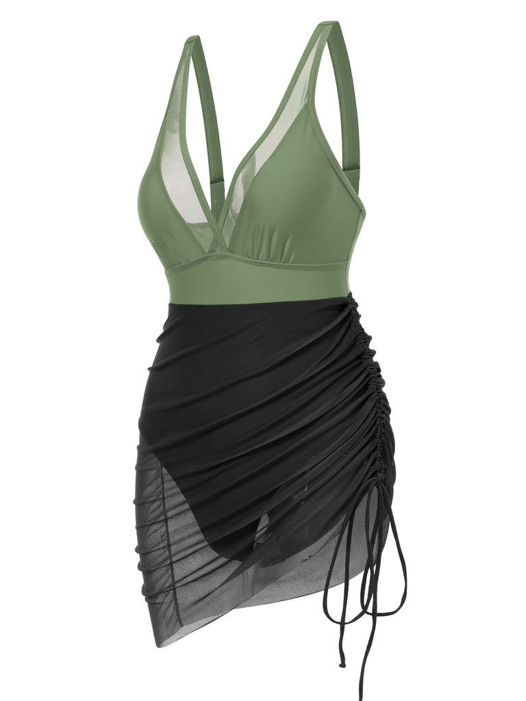 1950s Strap Sheer Mesh Solid One-Piece Swimsuit