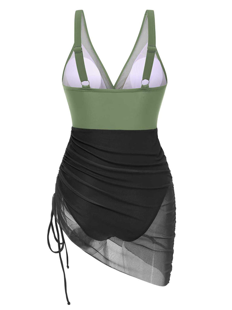 1950s Strap Sheer Mesh Solid One-Piece Swimsuit