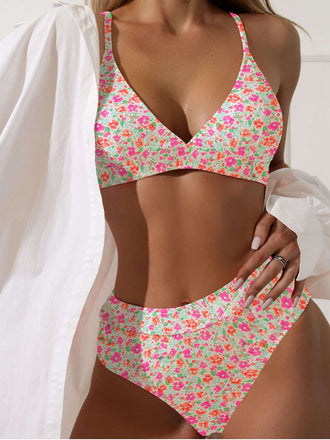 Multicolor 1950s Ditsy Floral Tie Back Bikini Set