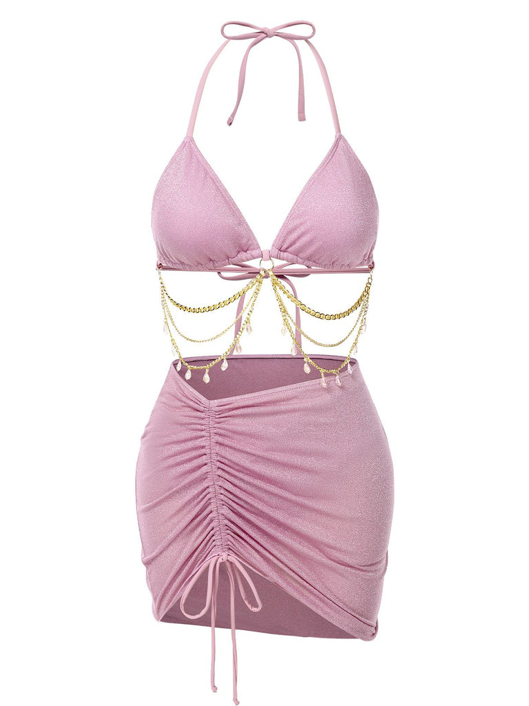 1970s Halter Shimmery Chain Crystal Bikini & Cover-Up