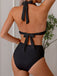 1950s Solid Chain Textured Fabric Halter Bikini Set